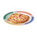 A pizza on a GET Barcelona round plate with colorful stripes.