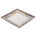A white square melamine plate with a colorful design on it.