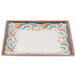 A white rectangular melamine plate with a colorful border.