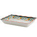 A white rectangular GET Melamine tray with a colorful design.