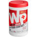 A white container of WipesPlus food contact sanitizing wipes with a red lid.