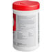 A white container of WipesPlus No-Rinse Food Contact Surface Sanitizing Wipes with a red lid and black text.
