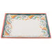 A white square melamine plate with a colorful design on the border.