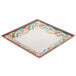 A square white melamine plate with a colorful design on it.