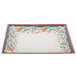 A white square melamine plate with colorful designs on it.