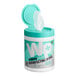 A green container of WipesPlus Lemon Scent Surface Disinfecting Wipes with a white lid.