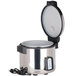 A silver and black Town stainless steel electronic rice cooker with a lid.