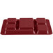 A red Cambro 6 compartment tray with rectangular compartments.