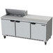 A Beverage-Air stainless steel commercial refrigerated sandwich prep table with three doors.