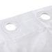 An Oxford white polyester shower curtain with two ringless holes.