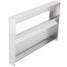 A metal shelf with a rectangular frame holding a Bobrick stainless steel seat cover dispenser.