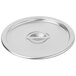 A silver stainless steel lid with a round handle.
