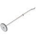 A metal rod with a metal hook and a round metal disc with a white handle.