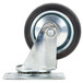 A metal swivel plate caster with a black rubber tire.