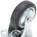 A metal swivel caster wheel with a black rubber tire.