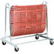 A red Lavex floor mat transport and wash cart with wheels.