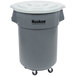 A grey plastic bin with wheels and a white lid.