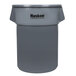 A grey Continental Huskee round trash can with black text on it.