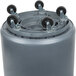 A gray cylindrical Continental trash can with wheels.