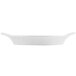 A bright white porcelain rectangular plate with two handles.