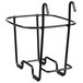 A black metal wire wall mount stand with two hooks holding a black metal cup.