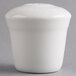A Homer Laughlin bright white china salt shaker on a gray surface.