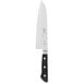 A Mercer Culinary MX3 Santoku knife with a black handle and white blade.