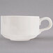A close-up of a Homer Laughlin ivory china soup mug with a handle.