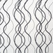 A white shower curtain with gray wavy lines and a translucent window.