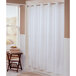 A white Hookless shower curtain with window and flat flex-on rings.