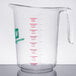 A clear plastic measuring cup with red measurement labels.
