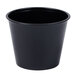 A black Solo polystyrene souffle cup on a white background.