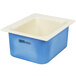 A white Carlisle Coldmaster food pan in a blue and white square container.