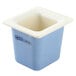 A blue square Carlisle Coldmaster food pan with a white top.