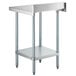 A silver stainless steel Regency work table with a shelf.