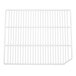 A white metal grid shelf with bars.