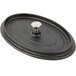 A black cast iron oval pot with a black cast iron lid and a silver knob.