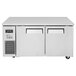 A stainless steel Turbo Air undercounter refrigerator/freezer with two drawers and black handles.