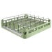 A Vollrath light green open end steam table pan rack with metal rods.