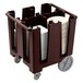 A dark brown Cambro dish caddy holding plates in brown plastic containers.