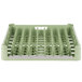 A close-up of a light green plastic Vollrath dish rack with open ends.