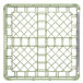 A light green Vollrath plastic tray and pan rack with white plastic bars.