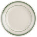 A white plate with green lines around the edge.