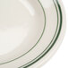 A close-up of a white Homer Laughlin plate with green stripes on the edge.