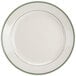 A white Homer Laughlin plate with green bands on the edge.