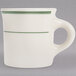 A white mug with green stripes on the rim and handle.