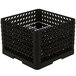 A black plastic Vollrath Traex Plate Crate with metal rods.