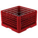 A red plastic Vollrath Traex plate rack with silver metal rods.