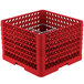 A red plastic Vollrath Traex plate rack with a silver metal grate.