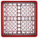 A red and white plastic crate with a metal grid that holds 30 plates.